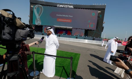 A member of the World Cup’s supreme committee talks to reporters during a media tour of the Fifa Fan Festival at Al Bidda Park.