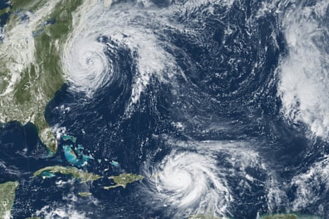 Hurricanes Katia (left), Irma (center) and Jose (right) in September 2017 – the first time on record that three major hurricanes made landfall at the same time in the Caribbean.