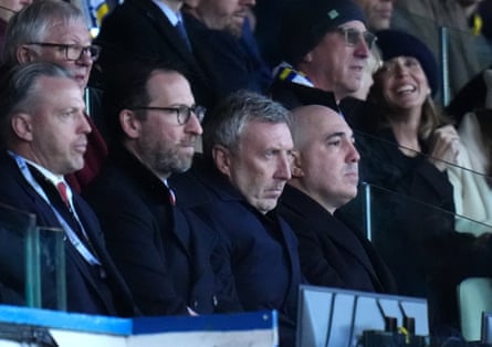 The Manchester United director of football, Jason Wilcox (centre), and chief executive officer Omar Berrada (right of Jason) during the Premier League match against Leeds.