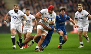 James Haskell drives forward against France in this years Six Nations – he won the competition three times as a player.