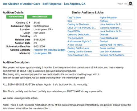 Screenshot of the casting call for Lonelygirl15, then codenamed ‘The Children of Anchor Cove’.