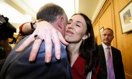 Jacinda Ardern hugs list MP Trevor Mallard during the Labour party announcement in Wellington, New Zealand