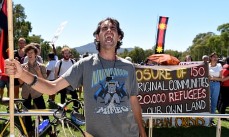 Roxley Foley, son of Aboriginal activist Gary Foley, demonstrates outside Parliament House in Canberra in March 2015 over the Western Australian government’s planned closures of remote Aboriginal communities.