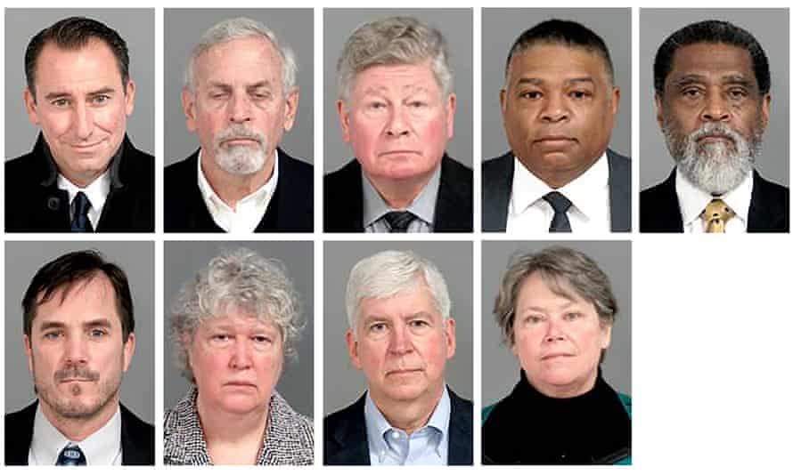 The nine former officials charged. Top row from left: Jarrod Agen, Gerald Ambrose, Richard Baird, Howard Croft, Darnell Earley. Bottom row from left: Nicolas Lyon, Nancy Peeler, Rick Snyder, and Eden Wells.