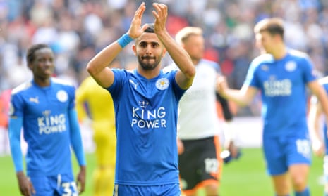 Riyad Mahrez applauds the travelling Leicester fans after the club’s final Premier League match of the season against Tottenham.