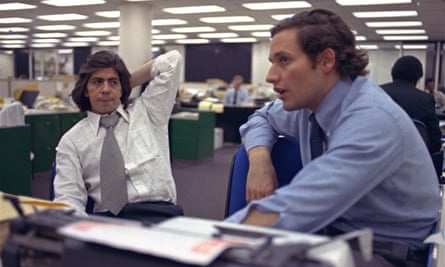 Reporters Bob Woodward, right, and Carl Bernstein, whose reporting of the Watergate case won a Pulitzer Prize, sit in the newsroom of the Washington Post in May 1973.