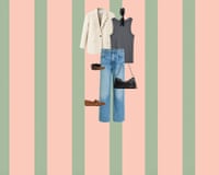 A composite image of a cream linen blazer, black sunglasses, grey racer back vest, blue straight leg jeans, brown belt with silver studs, black leather shoulder bag and brown suede moccasins on a pink and green vertically striped background.