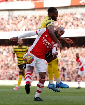Watford’s Danny Rose in action with Arsenal’s Alexandre Lacazette.