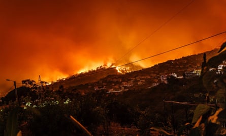 Out of control wildfire approaching Estreito da Calheta, Portugal. September 2017.