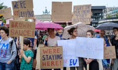 British Expats Protest Against Brexit<br>BERLIN GERMANY - JULY 2:  British expat hold up signs to protest for the United Kingdom to remain in the European Union on July 2, 2016 in Berlin, Germany. A slim majority of British citizens voted for the United Kingdom to leave the EU on June 23. Thousands of British citizens work or study in countries across the European Union and they all face complications should a Brexit go into full affect. (Photo by Thomas Lohnes/Getty Images)