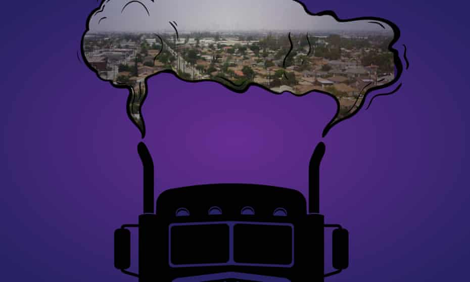 illustration shows truck emitting smoke. Inside the smoke is an image of a city skyline