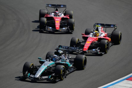 Mercedes driver George Russell leads Ferrari duo Lewis Hamilton and Charles Leclerc during the sprint race of the Chinese Formula One Grand Prix