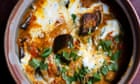 Nigel Slater's recipes for aubergines with tomato and yoghurt, and rhubarb, honey and sweet crumbs