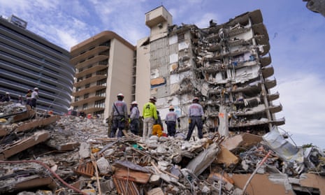 Search and rescue personnel work at the site of a collapsed Florida condominium complex in Surfside, Miami.