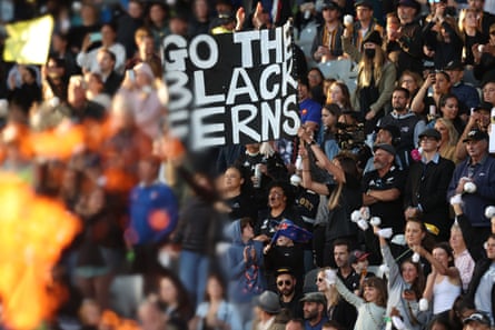 Black Fern fans cheer for their team in the semi-finals between New Zealand and France.