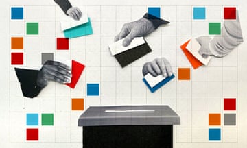Hands putting voting slips into a ballot box with coloured squares overlapping.