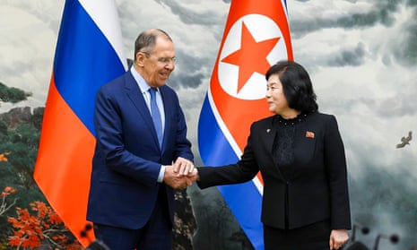 Russian foreign minister, Sergei Lavrov, left, and his North Korean coubterpart, Choe Son-hui, shake hands during their meeting in Pyongyang, North Korea.