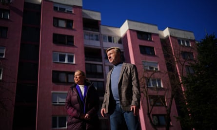 Ice skaters Jayne Torvill and Christopher Dean at the apartment blocks in Sarajevo they stayed in while competing at the 1984 Winter Olympics.