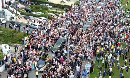 Aerial view of the funeral cortege passing through Bray, County Wicklow.