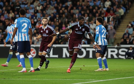 Aston Villa's Tammy Abraham celebrates scoring their third goal.