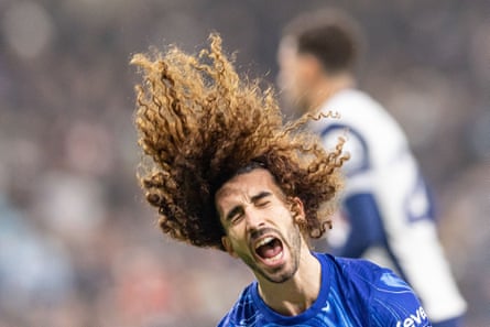 Marc Cucurella of Chelsea looks anguished after being fouled by Brennan Johnson of Tottenham