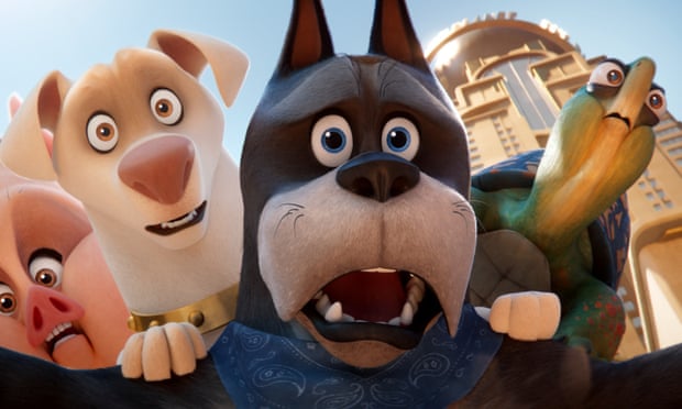 This image released by Warner Bros Pictures shows characters, from left, Chip, a squirrel voiced by Diego Luna, PB, potbellied pig voiced by Vanessa Bayer, Krypto, voiced by Dwayne Johnson, Ace, voiced by Kevin Hart and Merton, a turtle voiced by Natasha Lyonne in a scene from “DC League of Super Pets.” (Warner Bros. Pictures via AP)