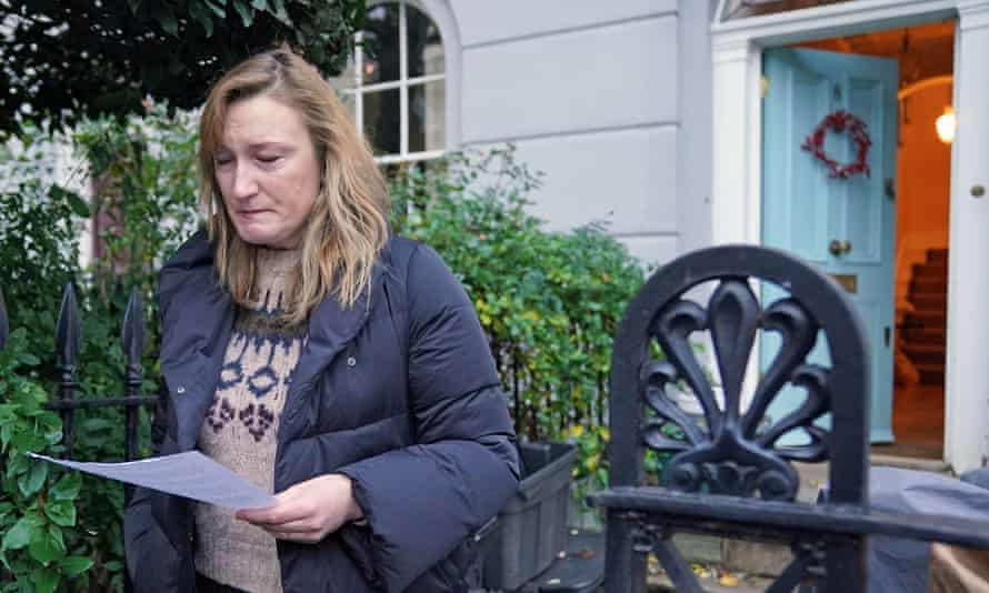 Allegra Stratton speaking outside her north London home, where she announced she had resigned.
