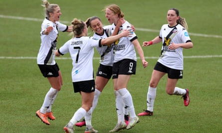 Emily Kraft (second right) celebrates giving Lewes a glimmer of hope after reducing the deficit to 2-1 against United