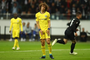 David Luiz of Chelsea looks downcast as Luka Jovic takes off.