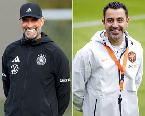 Germany and Netherland head coaches Jürgen Klopp and Xavi Hernandez smile during separate national team training sessions