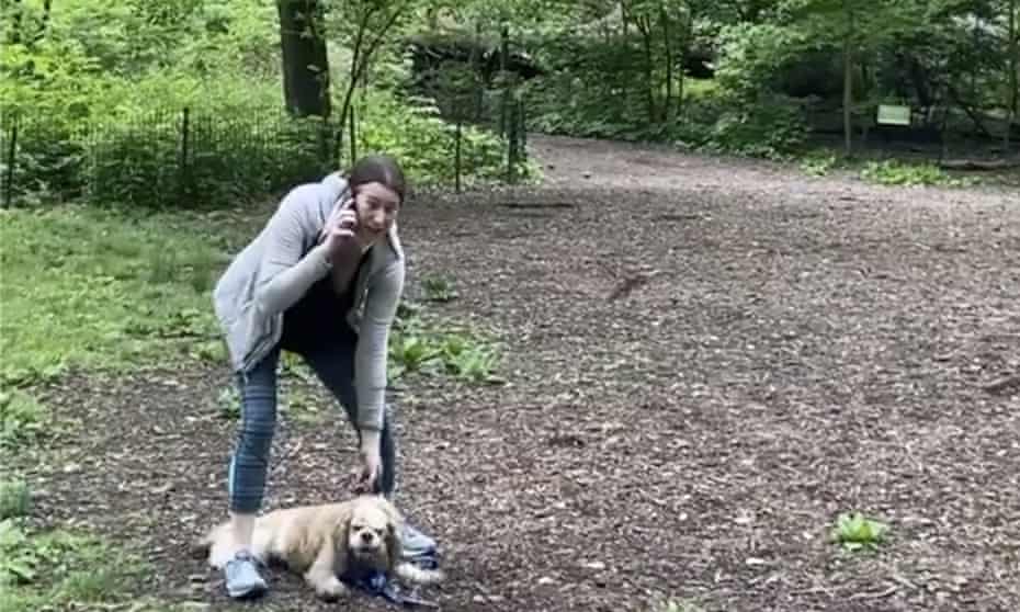 Amy Cooper with her dog calling police at Central Park in New York in an encounter with Christian Cooper (no relation) in May 2020.