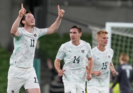 Michael Gregoritsch (left) celebrates after scoring Austria’s second goal against the Republic of Ireland.