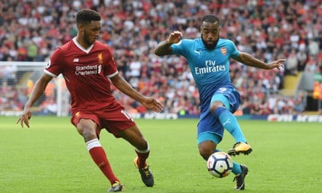 Joe Gomez, left, and Alex Lacazette during Liverpool’s 4-0 victory over Arsenal at Anfield in August. Sky are considering moving the return fixture between the sides to Christmas Eve