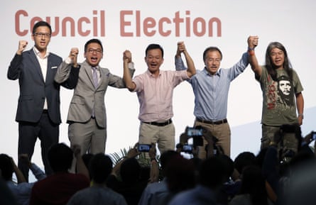Pro-democracy candidates Lam Cheuk-ting, Alvin Yeung Ngok-kiu, Raymond Chan Chi-chuen, Fernando Cheung and Leung Kwok-hung celebrate after winning seats.