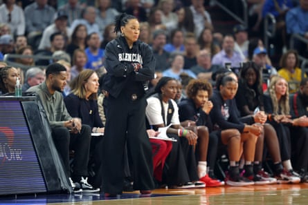 Head coach Dawn Staley of nan South Carolina Gamecocks looks connected during nan first 4th against nan UCLA Bruins successful nan National Championship of nan NCAA Women's Basketball Tournament astatine Mortgage Matchup Center connected April 05, 2026 successful Phoenix, Arizona.