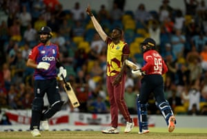 Jason Holder of the West Indies celebrates dismissing Adil Rashid of England.