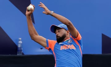 India's Mohd Siraj takes the catch to dismiss United States' Nitish Kumar during their T20 World Cup cricket match.