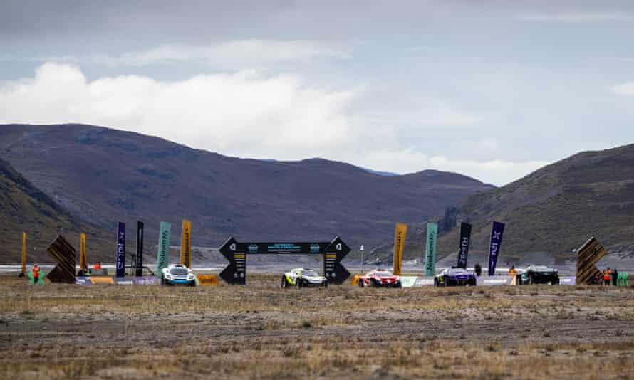 Cars pull away at the start of the Arctic X-Prix race at Kangerlussuaq, Greenland in August