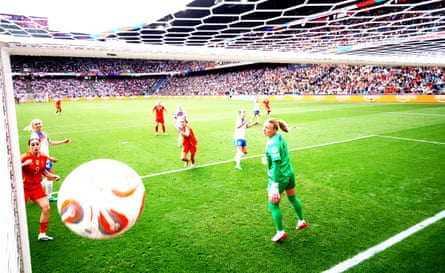 Mariona Caldentey scores Spain’s goal past England’s Hannah Hampton.