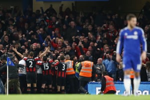 Bournemouth players celebrate after scoring against Chelsea