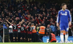 Glenn Murray celebrates in front of Bournemouth’s fans after scoring the winning goal against reigning champions Chelsea in December 2015.