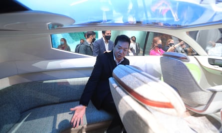 Hyundai’s chief designer, SangYup Lee, sits inside the Seven Concept at Automobility LA in California in November 2021.