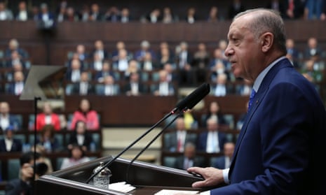 Turkish President and leader of the Justice and Development (AK) Party Recep Tayyip Erdoğan at the Turkish Grand National Assembly (TGNA) in Ankara.