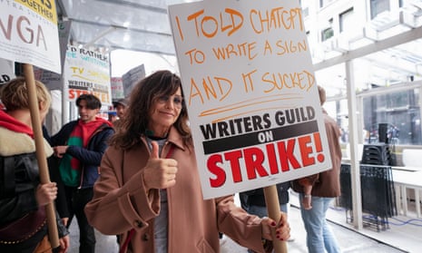 Actor Gina Gershon marches with striking writers in New York City, 3 May 2023.