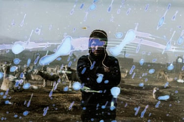 man and herd of sheep seen through stained lens