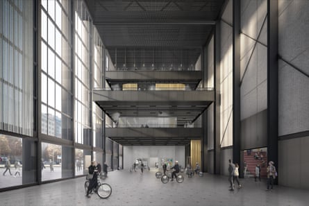 An artist’s vision of the interior of Kanal with people cycling inside the huge space