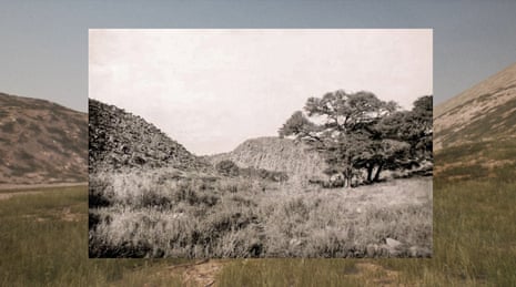 A black and white photograph of 1897 Namibian grassland showing a large tree, hills, and mountains
