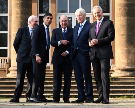 Good Friday Agreement 25th AnniversaryFormer taoiseach Bertie Ahern, former British prime minister Rishi Sunak, former US Senator George Mitchell, former US president Bill Clinton, and former British prime minister Sir Tony Blair stand together at Hillsborough Castle for the Gala dinner to mark the 25th anniversary of the Good Friday Agreement, in Belfast, Northern Ireland, April 19, 2023.