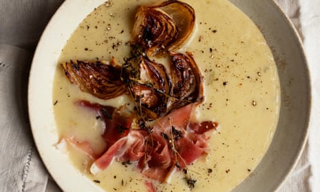 ‘The strong onion notes were softened further with a little cream, then given a smoky note with speck’: cream of onion soup.
