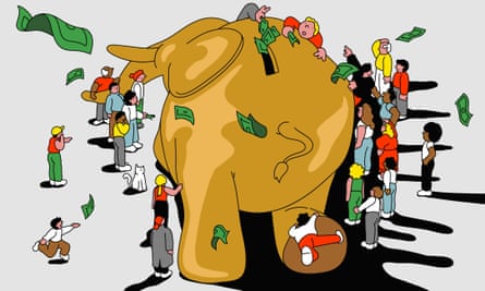 Illustration of people milling around golden piggy bank 